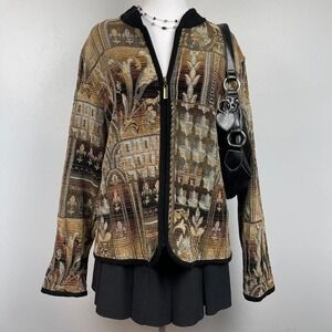 VTG 90s Boho Tapestry Jacket in Brown Retro Euro Earthy Women's Size XL